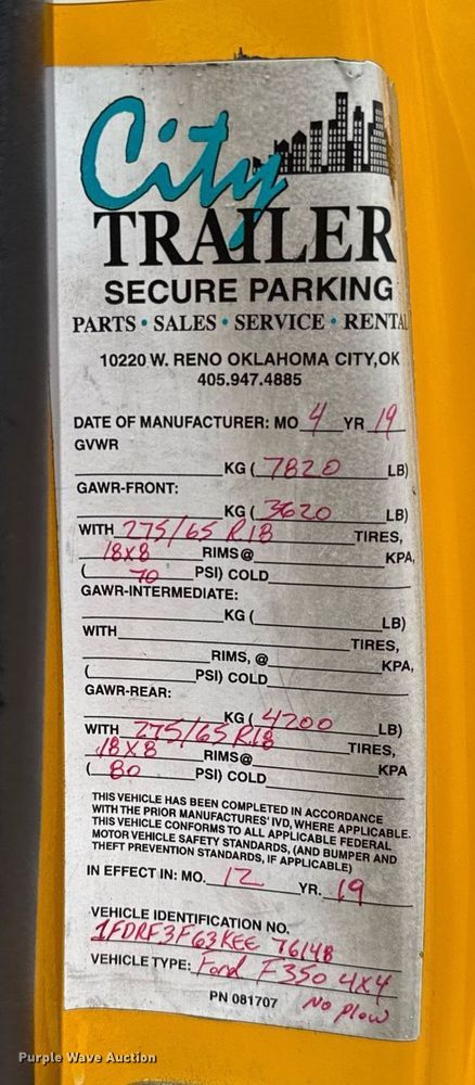 image for item EJ4783 2019 Ford F350 Super Duty utility bed pickup truck