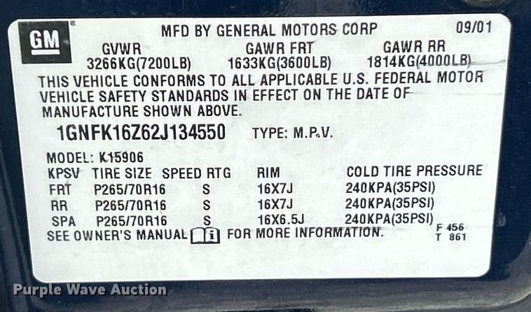 image for item EK8234 2002 Chevrolet Suburban  1500LT  SUV