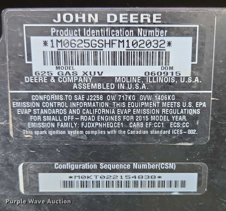 image for item EN3890 2015 John Deere Gator 625i utility vehicle