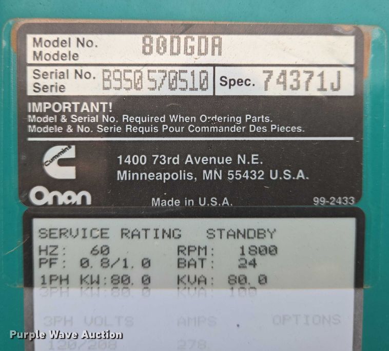 image for item EN8104 Onan 80DGDA generator