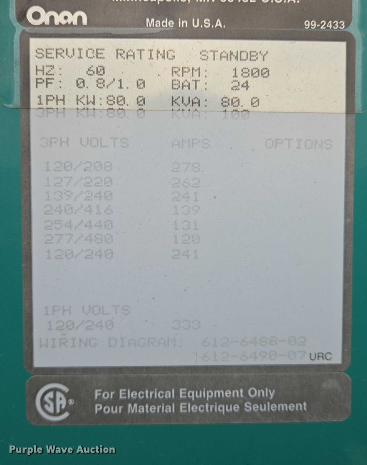 image for item EN8104 Onan 80DGDA generator