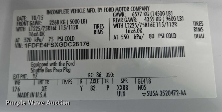 image for item ER5271 2016 Ford E450 shuttle bus