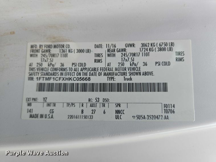 image for item ER5285 2017 Ford F150 XL pickup truck