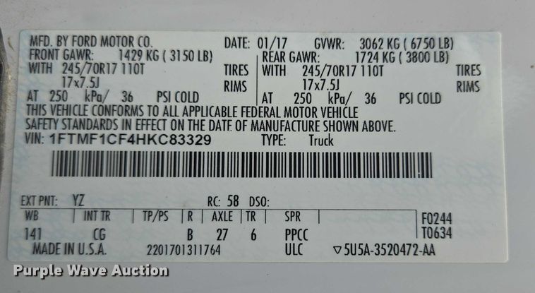 image for item ER5287 2017 Ford F150 XL  pickup truck