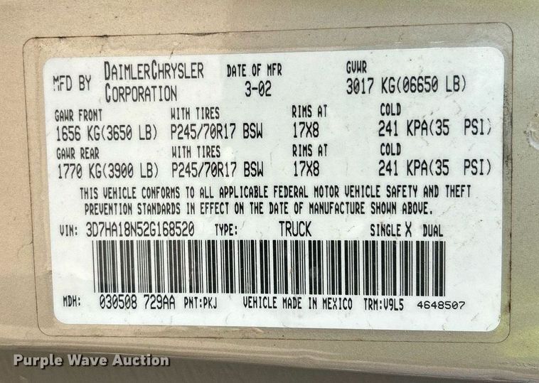 image for item EX9812 2002 Dodge Ram 1500 Quad Cab pickup truck