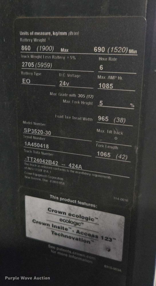 image for item FB9389 2015 Crown SP3520-30 order picker