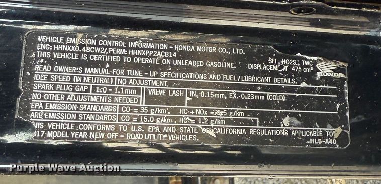 image for item KH9619 2017 Honda Pioneer utility vehicle