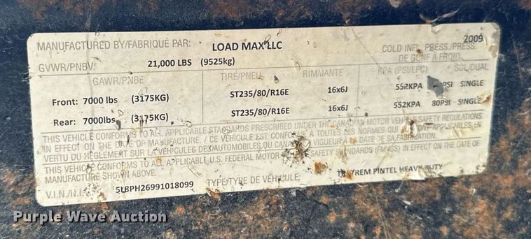 image for item DQ1047 2009 Load Max LLC equipment trailer