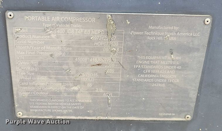 image for item DR3827 2018 Atlas-Copco XATS 400 JD8 air compressor