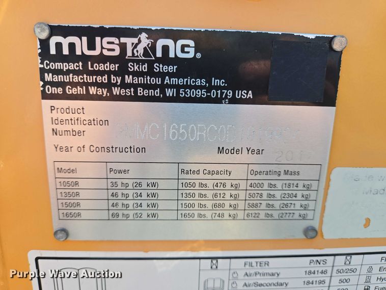 image for item DT4927 2017 Mustang 1650R skid steer loader