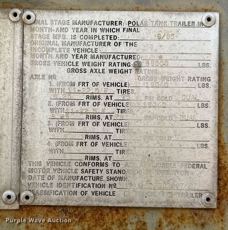 image for item DT6630 1986 Polar Tank Trailers G2-7497 tank trailer