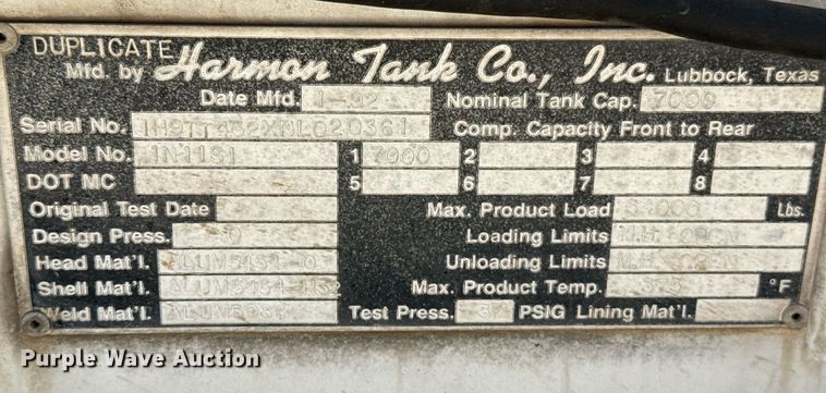 image for item DT6631 1992 Harmon Tank Company 1N11S1 tank trailer