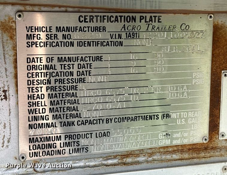 image for item DT6632 1990 Acro Trailers Tank tank trailer