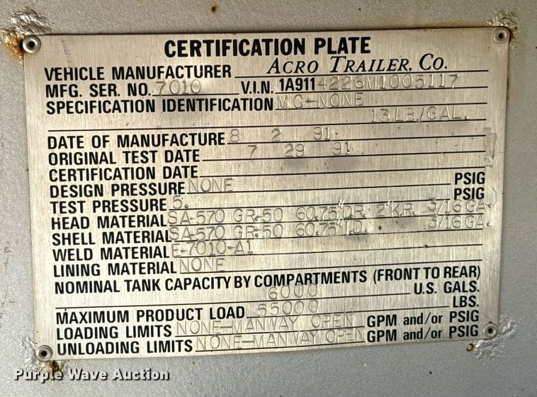 image for item DT6638 1991 Acro Trailers Tank tank trailer