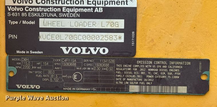 image for item DU9886 2013 Volvo L70G wheel loader