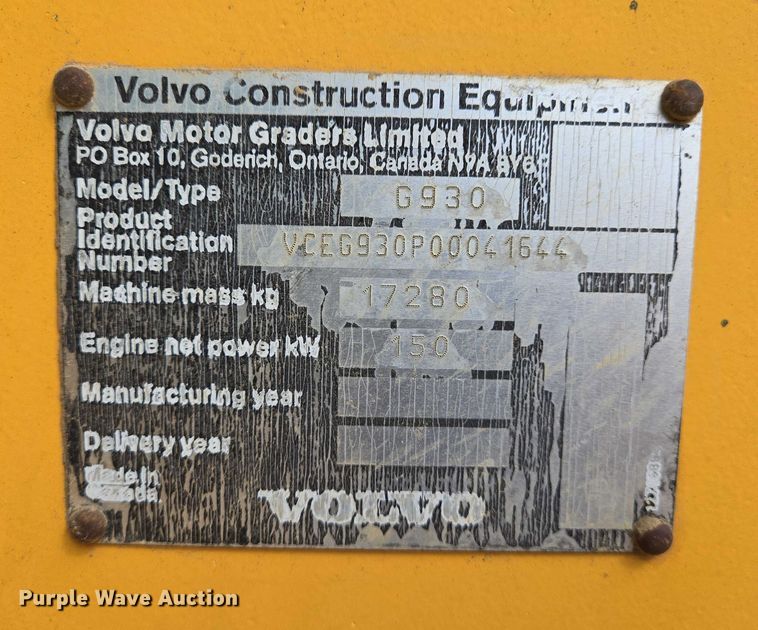 image for item DW7074 2008 Volvo  G930 motor grader
