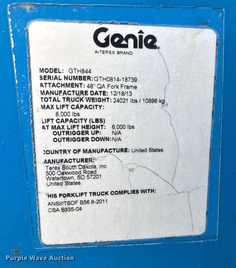 image for item DW7101 2014 Genie GTH-844 telehandler