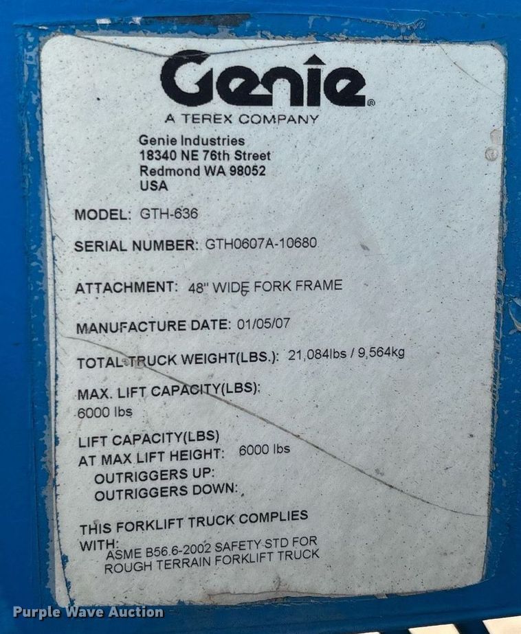 image for item DW7102 2007 Genie GTH-636 telehandler