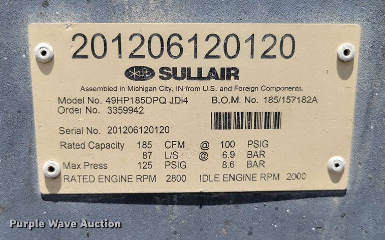 image for item DX7028 Sullair 185 air compressor