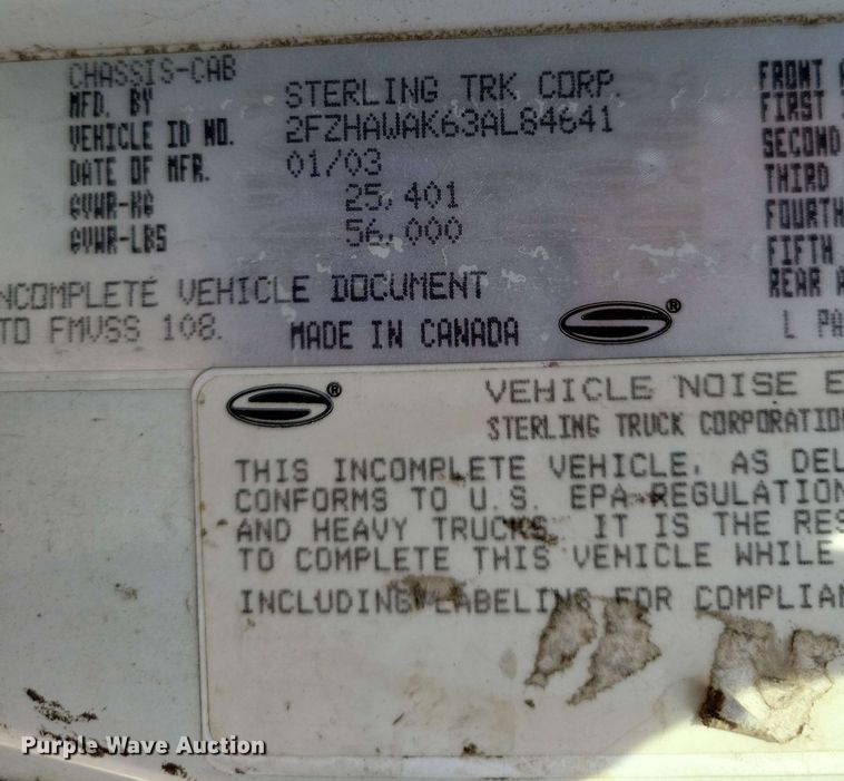 image for item DX7031 2003 Sterling LT8500 grapple crane truck