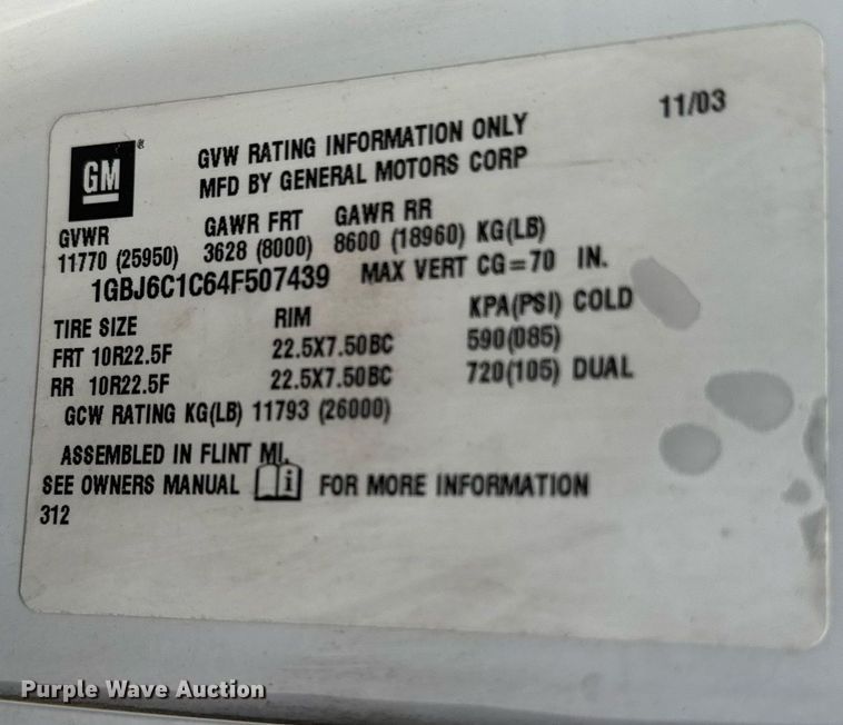 image for item DY0194 2004 Chevrolet C6500 dump truck