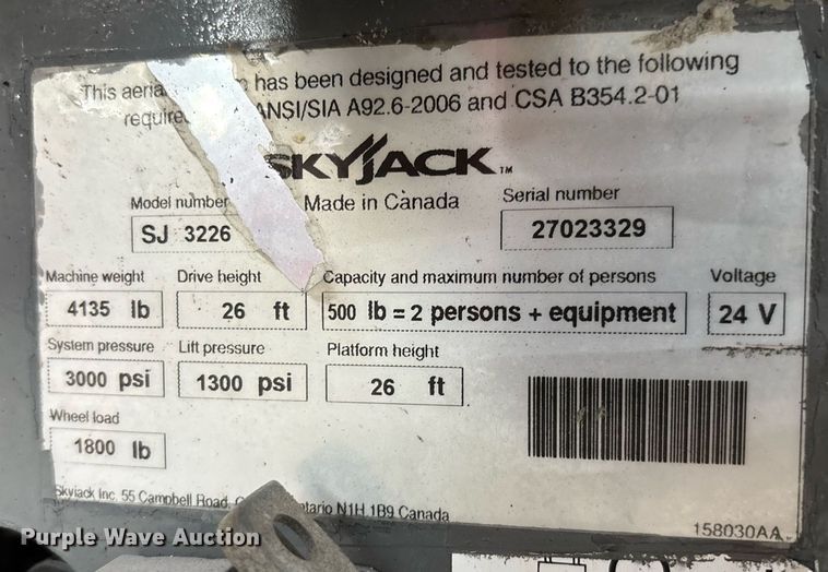 image for item EC3608 2015 Skyjack 3226 scissor lift