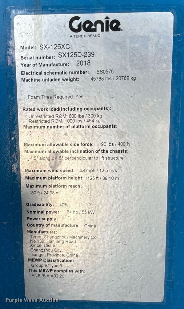 image for item EC3620 2018 Genie SX-125XC boom lift