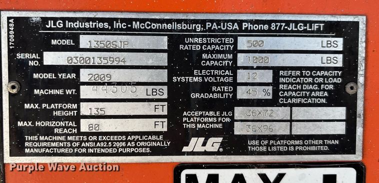 image for item EC3621 2009 JLG 1350SJP boom lift