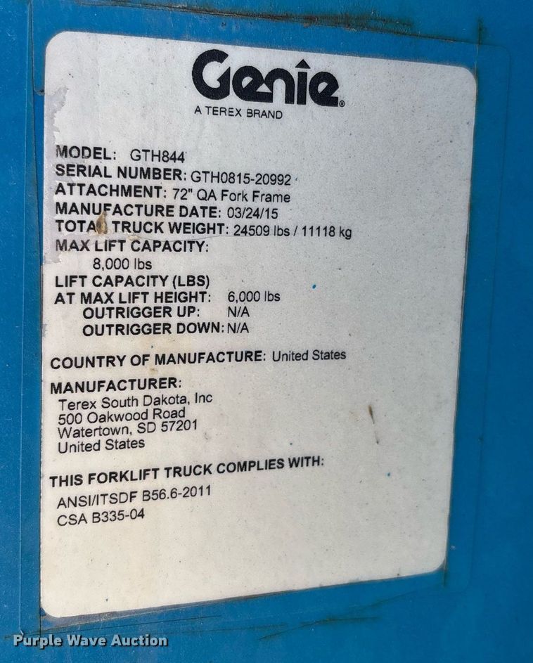 image for item EC3623 2015 Genie GTH844 telehandler