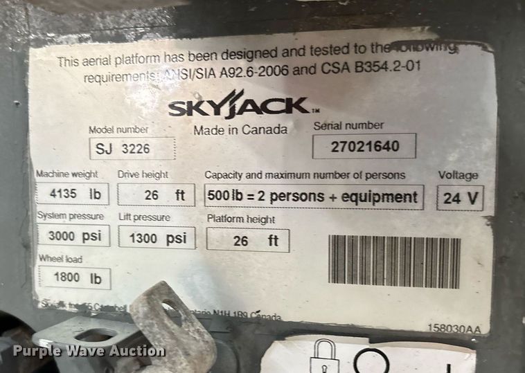 image for item EC3625 2014 Skyjack 3226 scissor lift