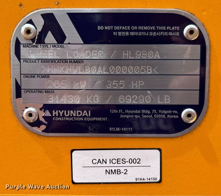 image for item EC3655 2020 Hyundai HL980A wheel loader