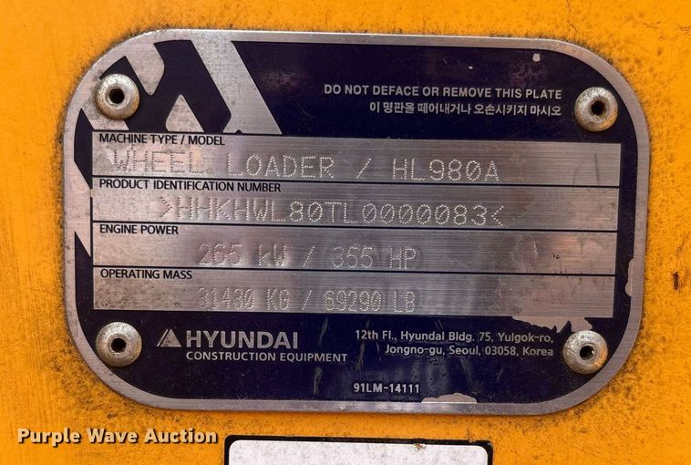 image for item EC3656 2020 Hyundai HL980A wheel loader