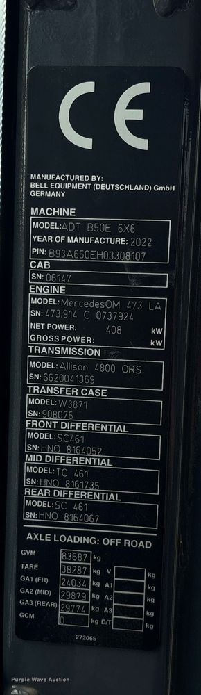 image for item EC3690 2022 Bell ADT B50E articulated haul truck