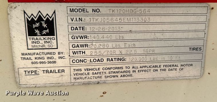 image for item EC7988 2014 Trail King  TK120HDG-564 lowboy equipment trailer