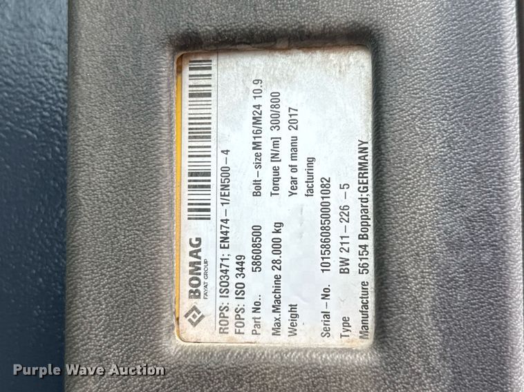 image for item ED5677 2017 Bomag BW211 DH-5 single drum vibratory roller