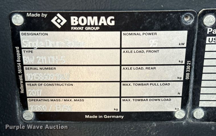 image for item ED5677 2017 Bomag BW211 DH-5 single drum vibratory roller