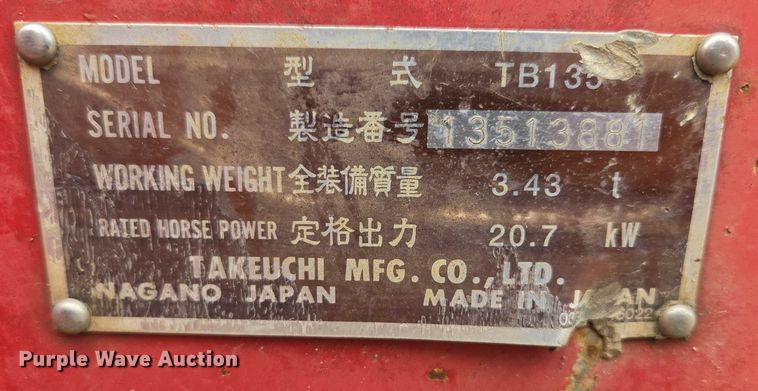 image for item EF1520 Takeuchi TB135 mini excavator
