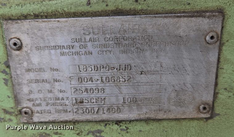 image for item EF1535 1991 Sullair 185DPQ-JJD air compressor