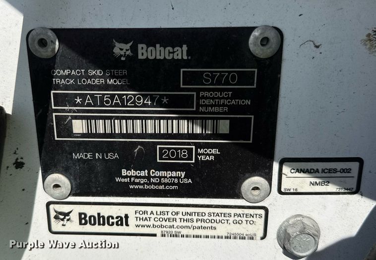 image for item EF2057 2018 Bobcat S770 skid steer loader