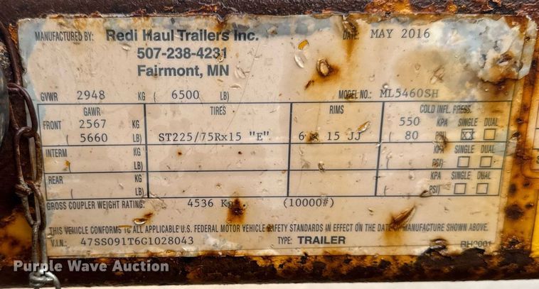 image for item EM2085 2016 Redi-haul tilt deck utility trailer