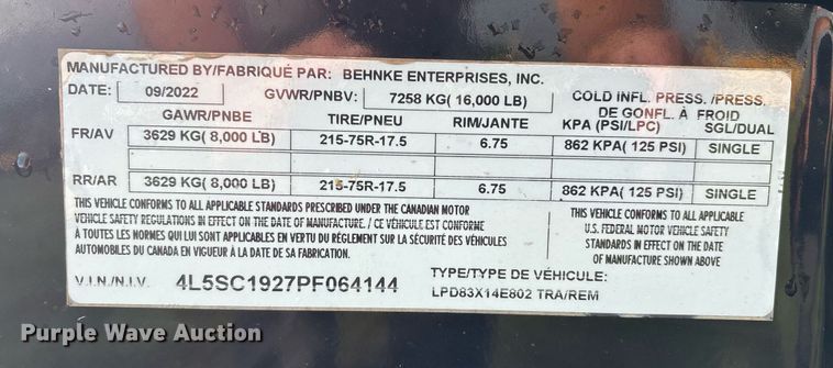 image for item EM2585 2023 Behnke Trailers dump trailer