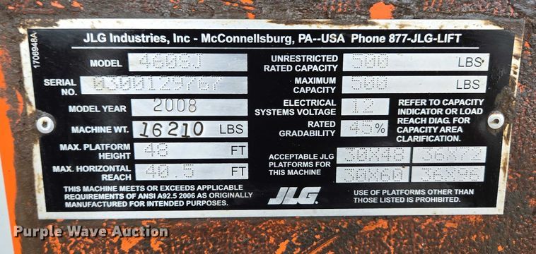 image for item EN3813 2008 JLG 460SJ boom lift