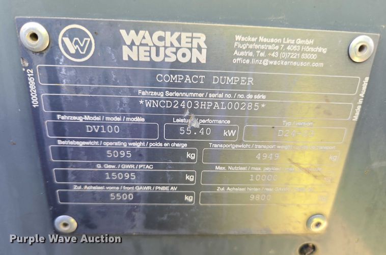 image for item YA0502 2020 Wacker Neuson DV100 site dumper