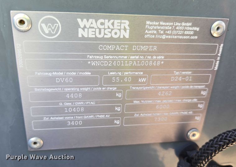 image for item YA0537 2020 Wacker Neuson DV60 site dumper