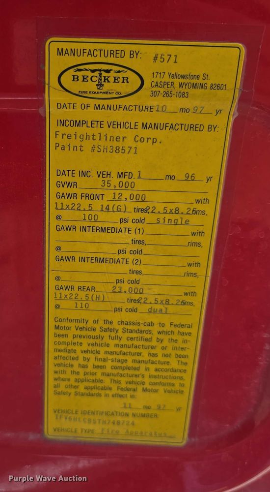 image for item DT6925 1996 Freightliner FL70 Business Class pumper fire truck