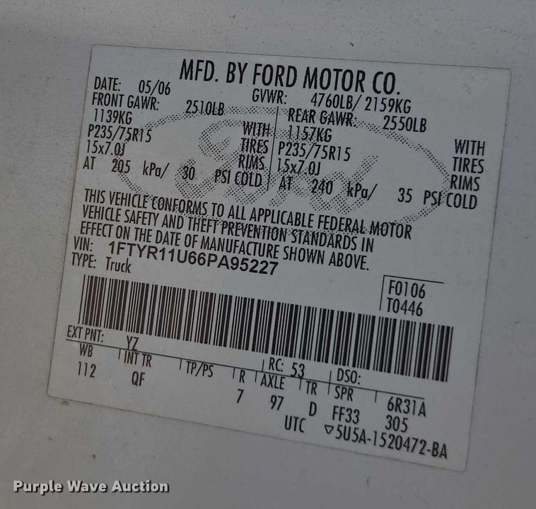 image for item DU7842 2006 Ford Ranger pickup truck