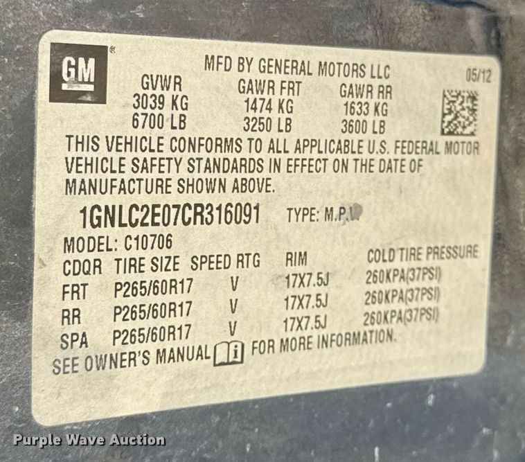 image for item DU7850 2012 Chevrolet Tahoe Police SUV