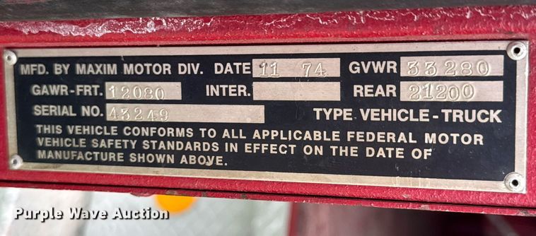 image for item DU9882 1975 Maxim Motor pumper fire truck