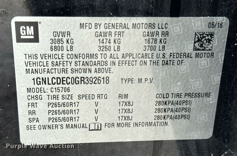 image for item DU9909 2016 Chevrolet Tahoe Police  SUV