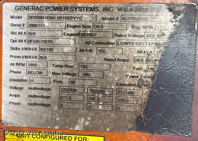 image for item DV4176 Generac SD0080-G364.5D18EPYYC generator